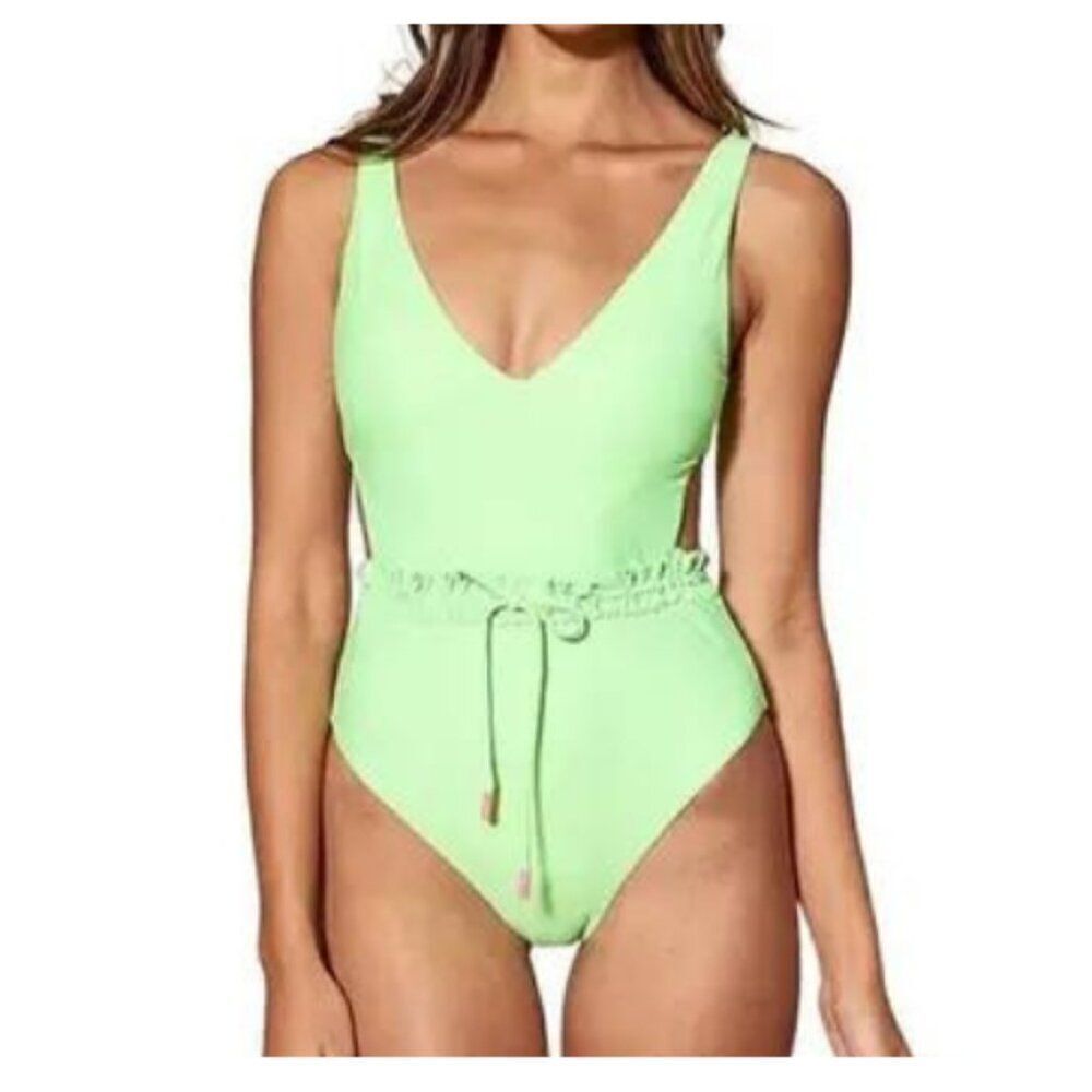 Red Carter Women's Lime Green Ruffle Cutout Side One Piece Swimsuit